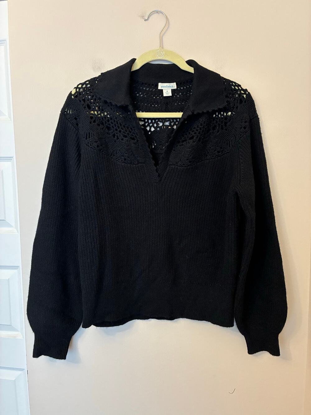Sundance Sweater Crochet Trim Collar V Neckline Wool Blend Knitted Black Medium
